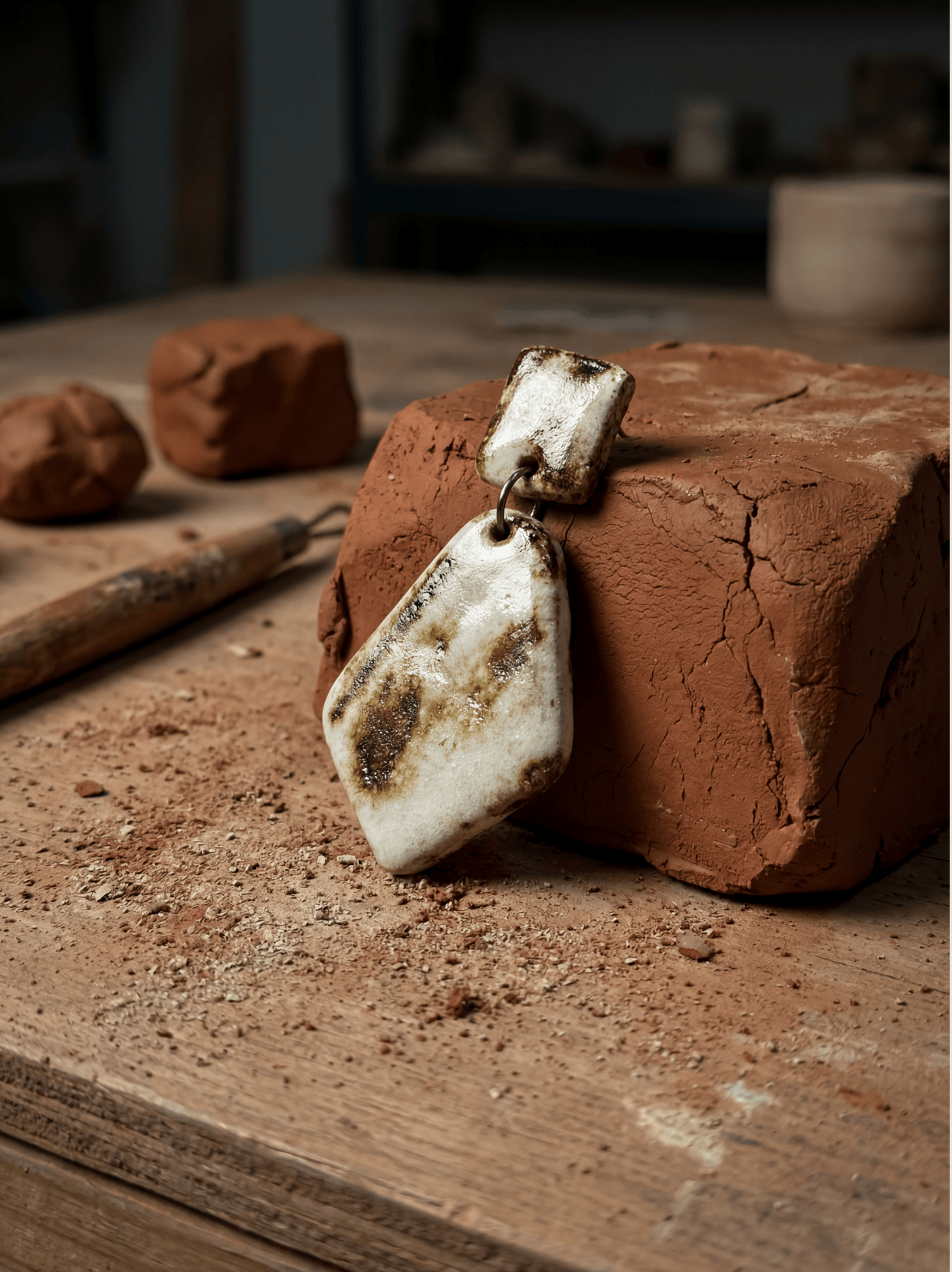 HECROWN rustic ceramic earrings resting on a raw terracotta clay block with carving tools in a Jingdezhen studio. Highlighting the sincere handcrafted process of artisan handmade jewelry.