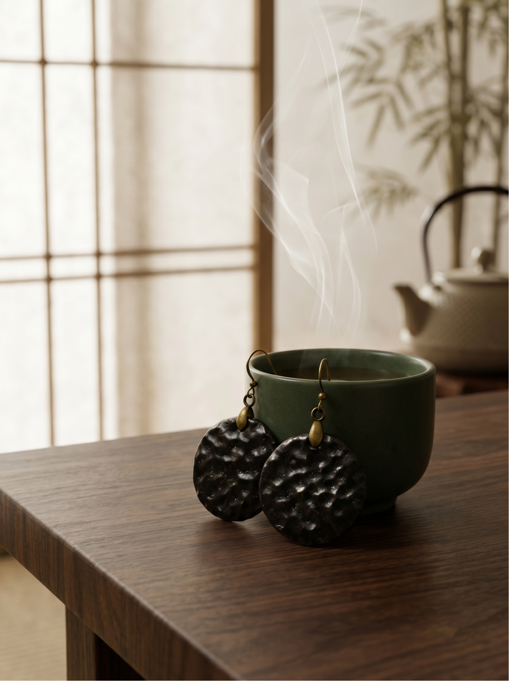 Extreme macro close-up of a HECROWN round black ceramic earring, highlighting the deep, tactile hammered crater texture. Sincere Jingdezhen craftsmanship.