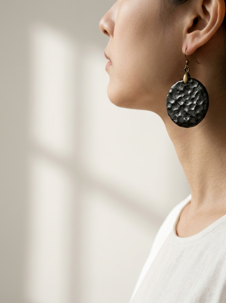 Side profile of a model wearing HECROWN chunky black hammered ceramic earrings. A bold, wabi-sabi statement piece perfect for a unique anniversary gift.